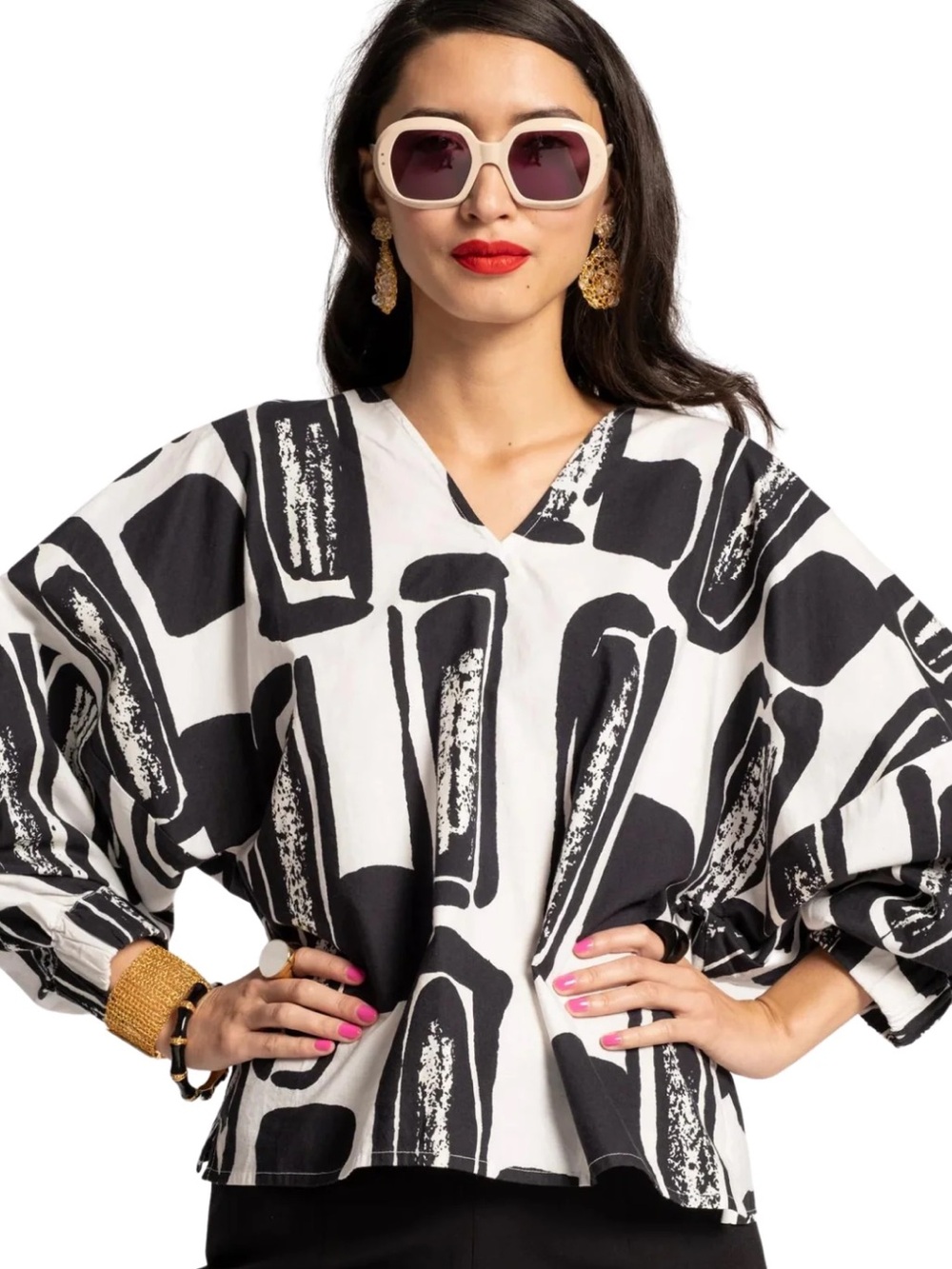 Frances Valentine Tosa Top in m Flintstone Oyster/Black Cotton Top Size 1X